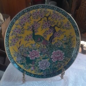 Yellow Floral Peacock Decorative Wall Plate - Home Art
